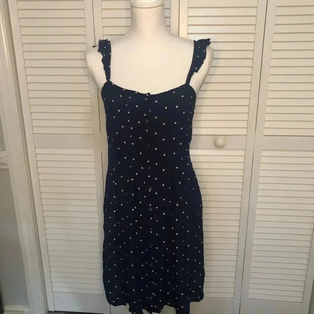 Madewell Boho Ruffle-strap Navy Polka Dot Button Down Sleeveless Sundres… - Picture 3 of 15